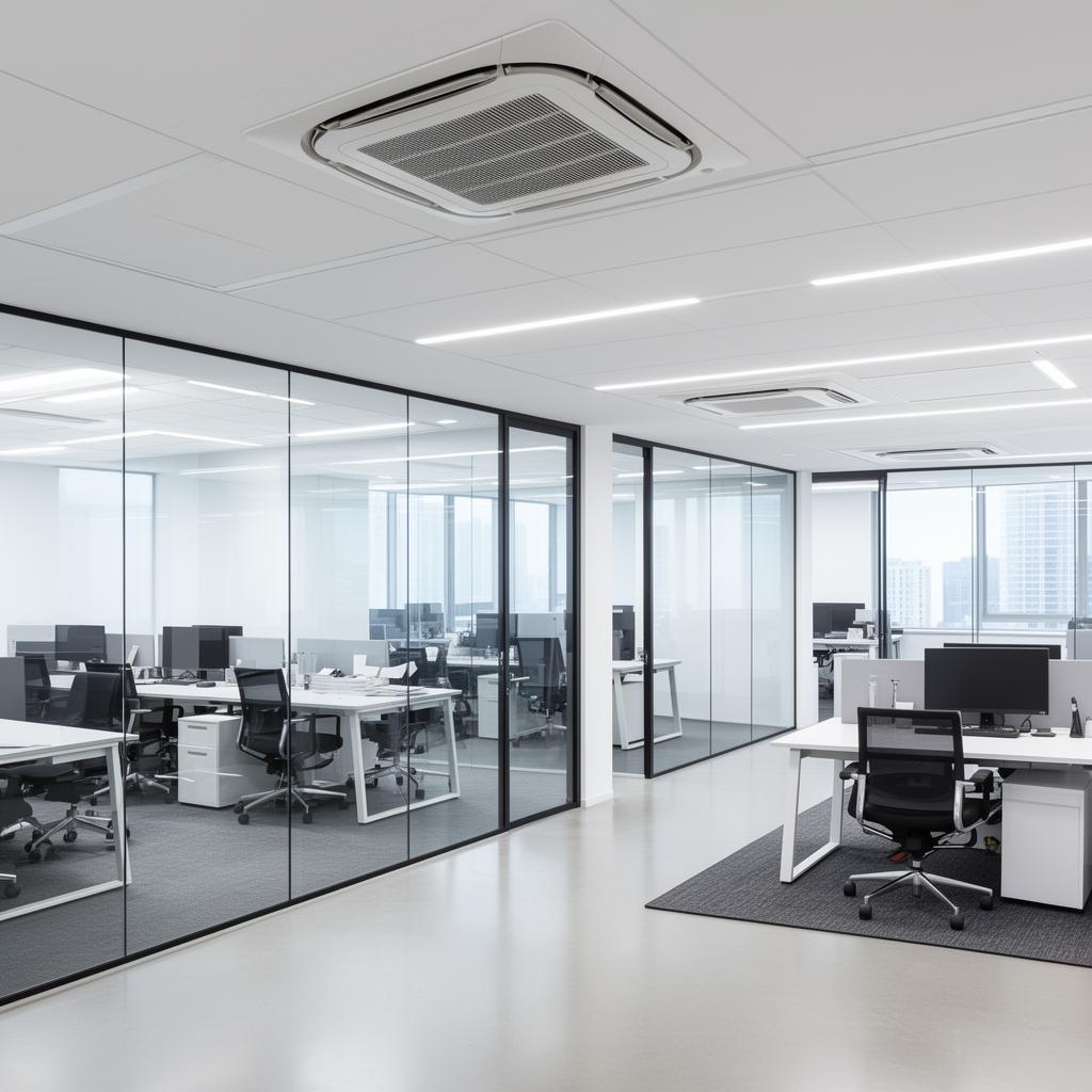 Modern open-plan office with ceiling cassette air conditioning