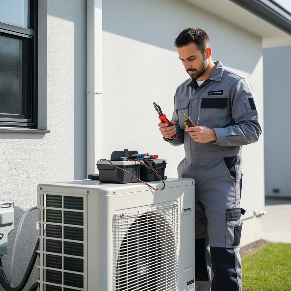 Telair engineer servicing an outdoor air conditioning condenser